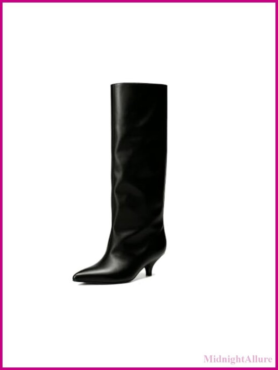 Shoes - Women's Knee High Boots Pointed Toe Kitten Heel Faux Leather Pull On